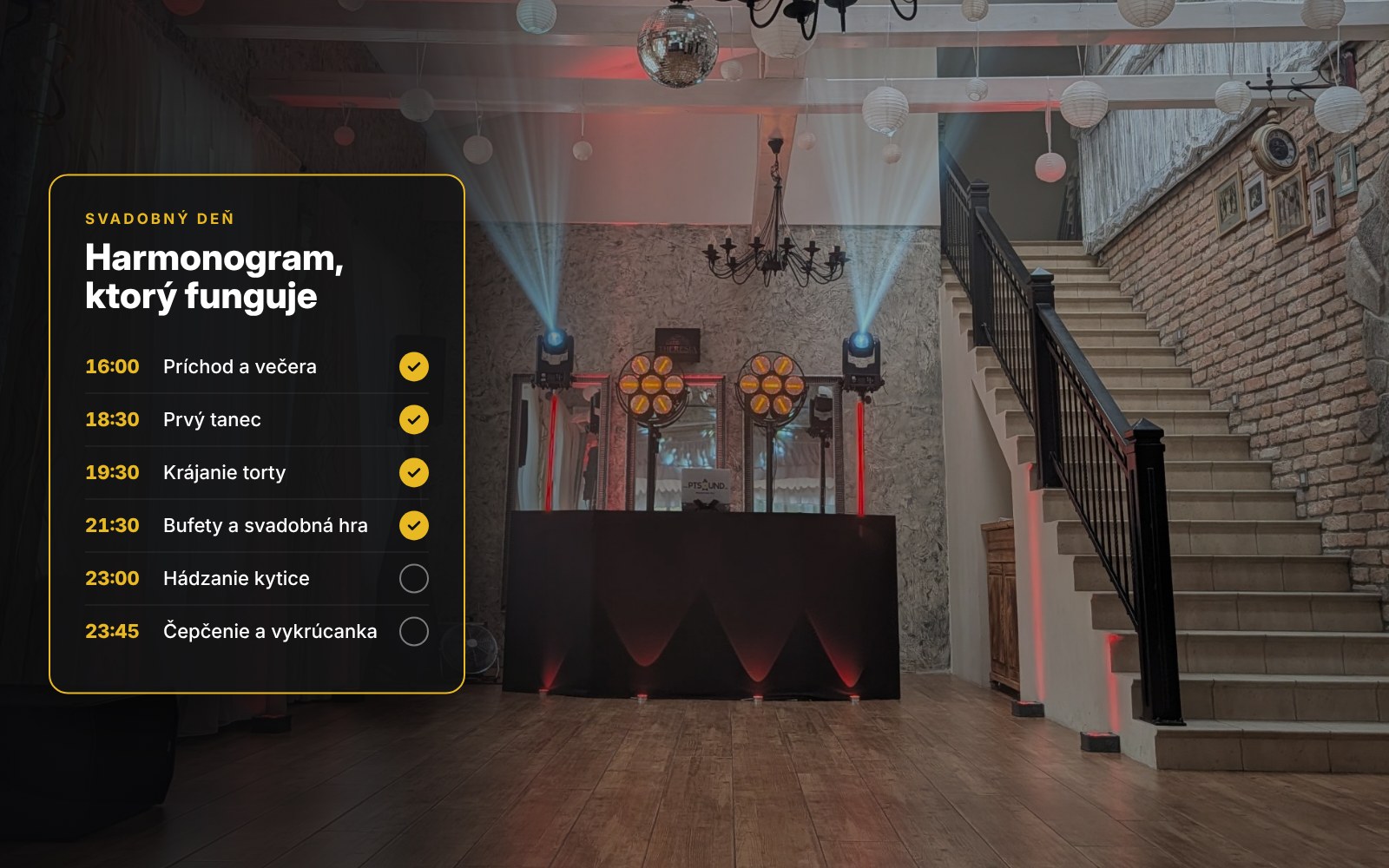 Harmonogram svadby – parket a DJ stage PTsound pripravené na večer